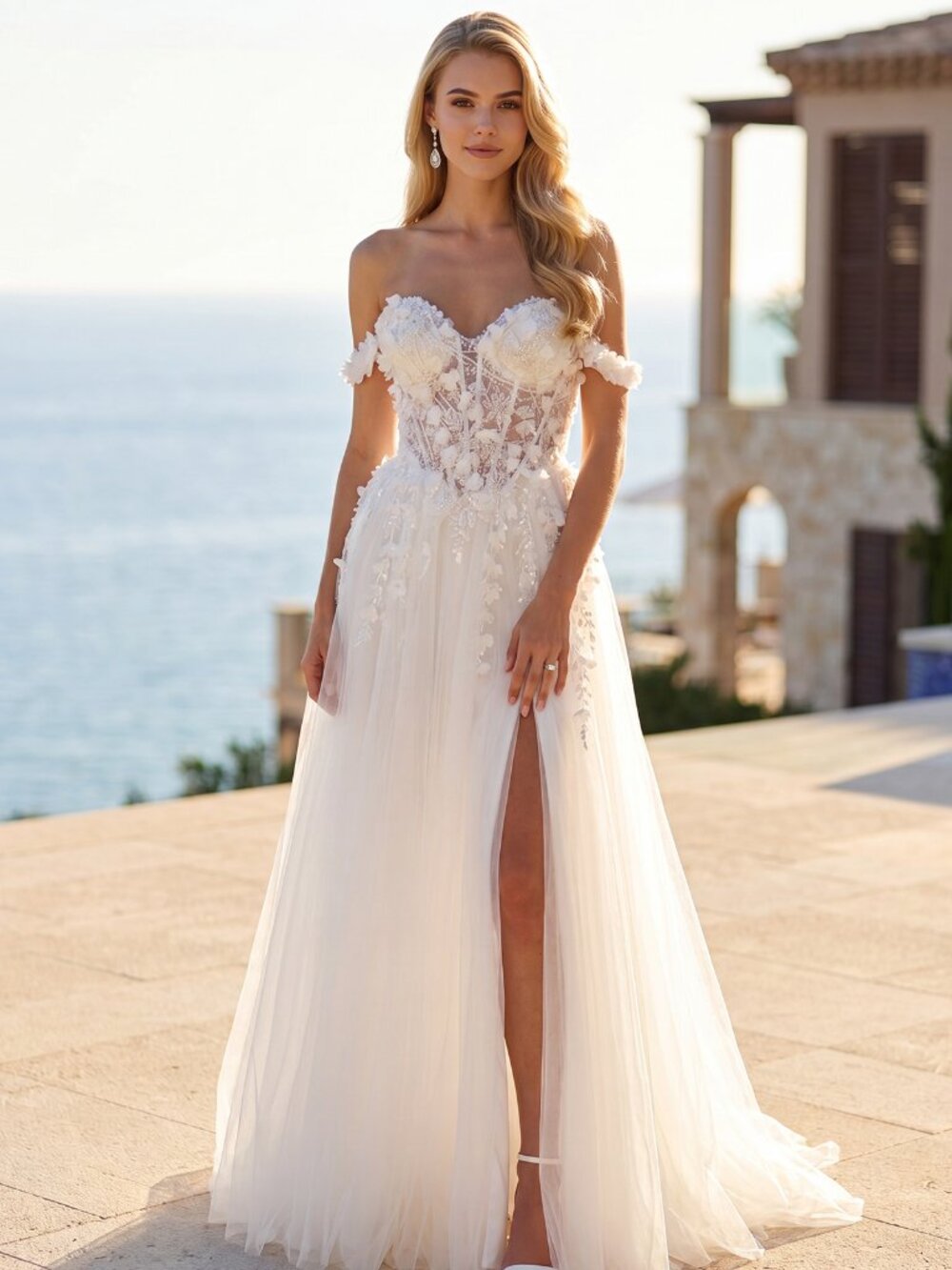 OFF SHOULDER WEDDING DRESS, TULLE FLORAL BALL GOWN